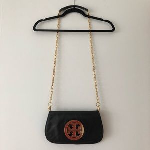 Tory Burch Black logo clutch with chain in gold
